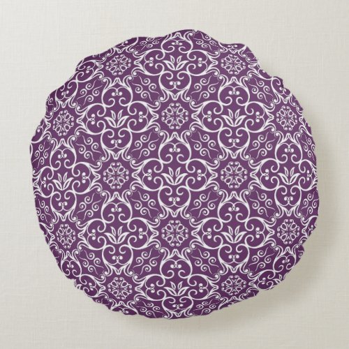 Purple  White Damask Round Pillow