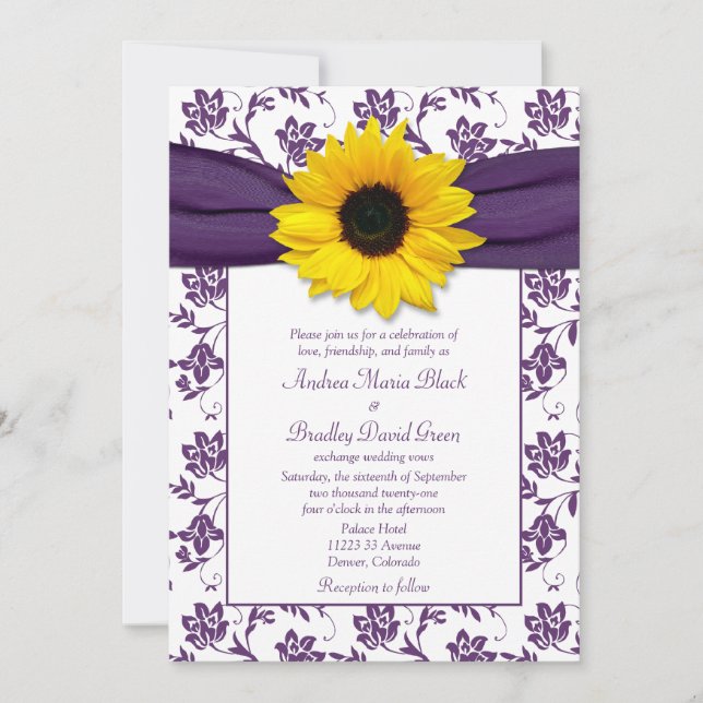 Purple White Damask Sunflower Wedding Invitation (Front)