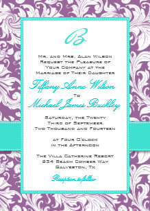 Purple And Turquoise Wedding Invitations Zazzle Purple White Damask Turquoise Wedding Invitation