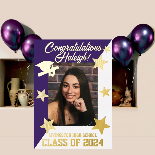 Purple & White Diagonal Graduation Gold Foil Invitation (Creator Uploaded)