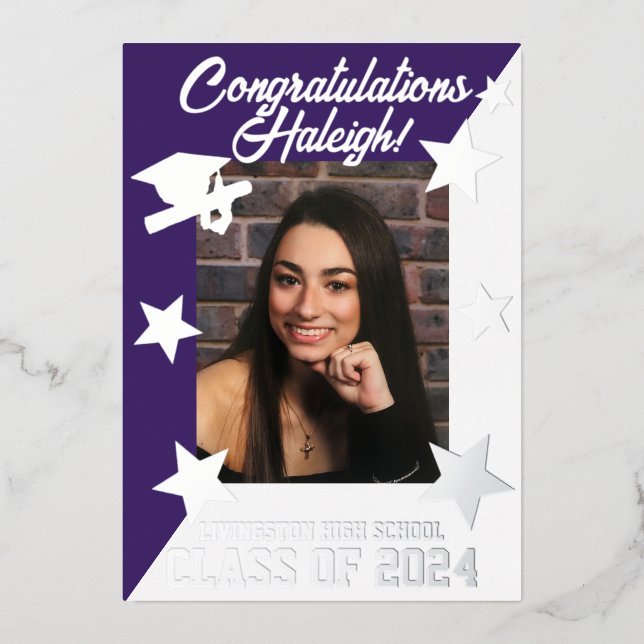 Purple & White Diagonal Graduation Silver Foil Invitation (Front)