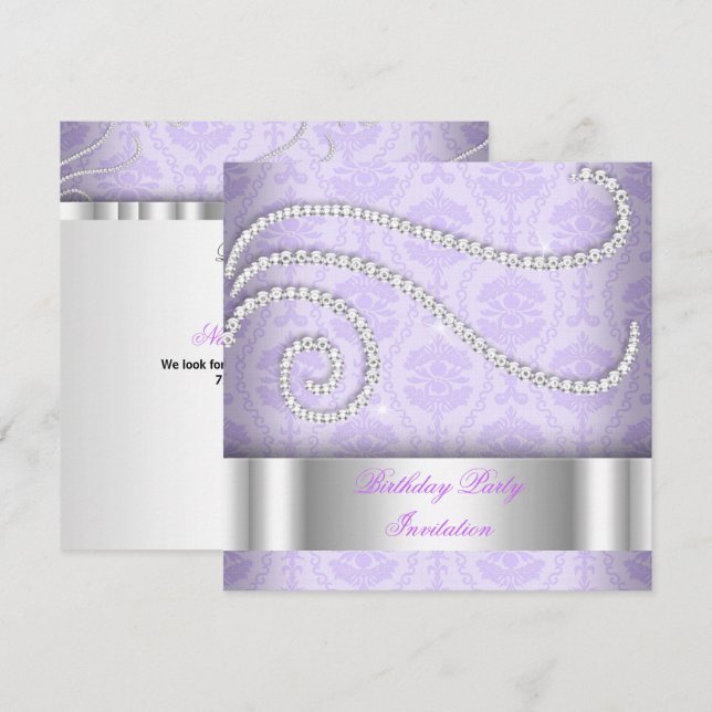 Purple White Diamonds Damask Birthday Party Invitation (Front/Back)
