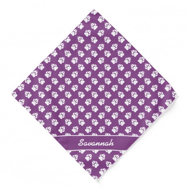 Purple & White Dog Paw Print Pattern & Custom Name Bandana (Front)