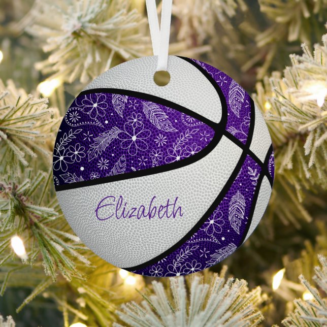 purple white doodle flowers feathers basketball metal ornament (Insitu)