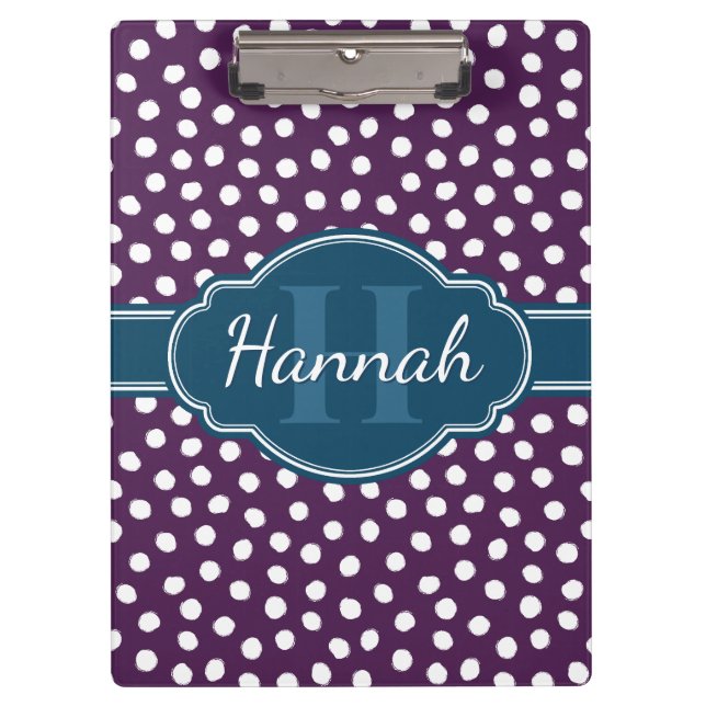 Purple White Dotted Pattern Navy Monogram Clipboard (Front)