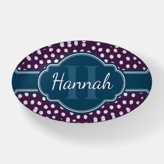 Purple White Dotted Pattern Navy Monogram Paperweight (Front)