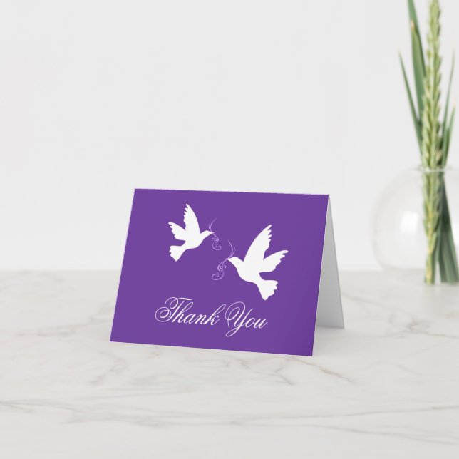Purple & white dove birds wedding thank you card (Front)