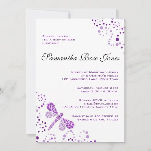 Purple &amp; White Dragonfly Elegant Baby Shower Custom Announcements
