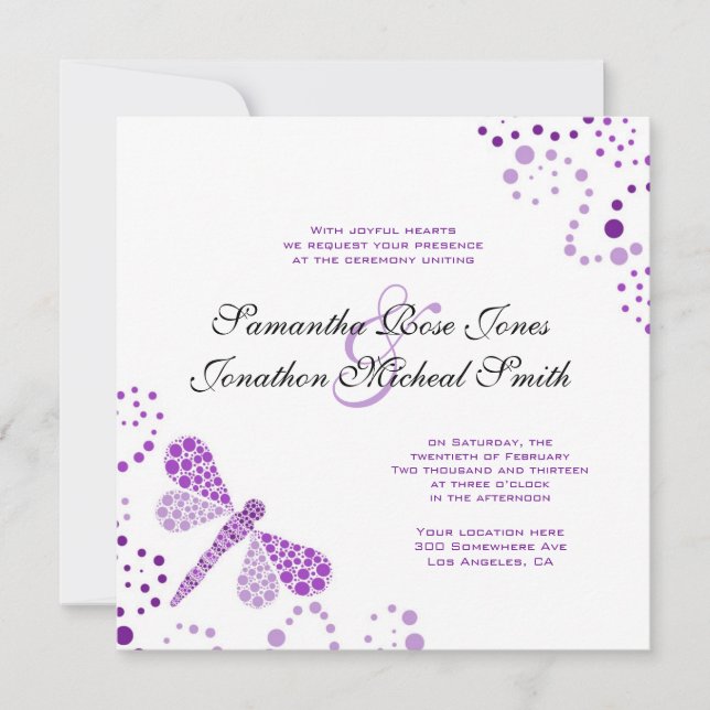 Purple White Dragonfly Pointilism Custom Wedding Invitation (Front)