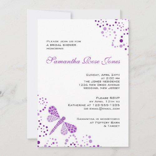 Purple White Dragonfly Pointillism Bridal Shower Invitation
