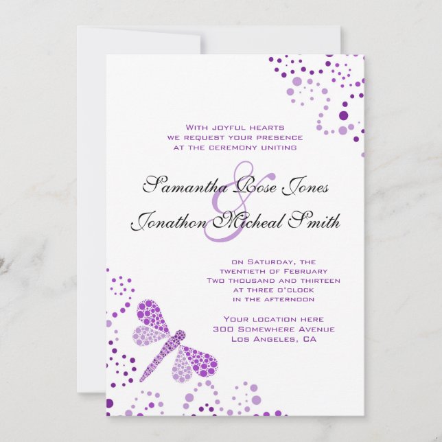 Purple White Dragonfly Pointillism Custom Wedding Invitation (Front)