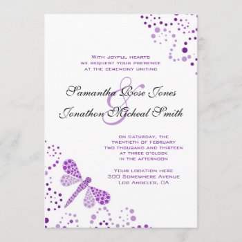 Purple White Dragonfly Pointillism Custom Wedding Invitation by prettypicture at Zazzle