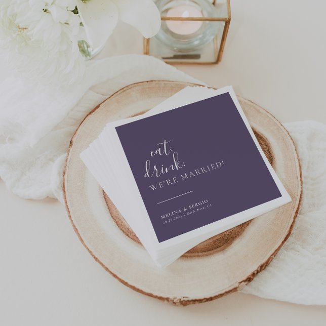 Purple White Eat Drink We're Married Wedding  Napkins (Creator Uploaded)