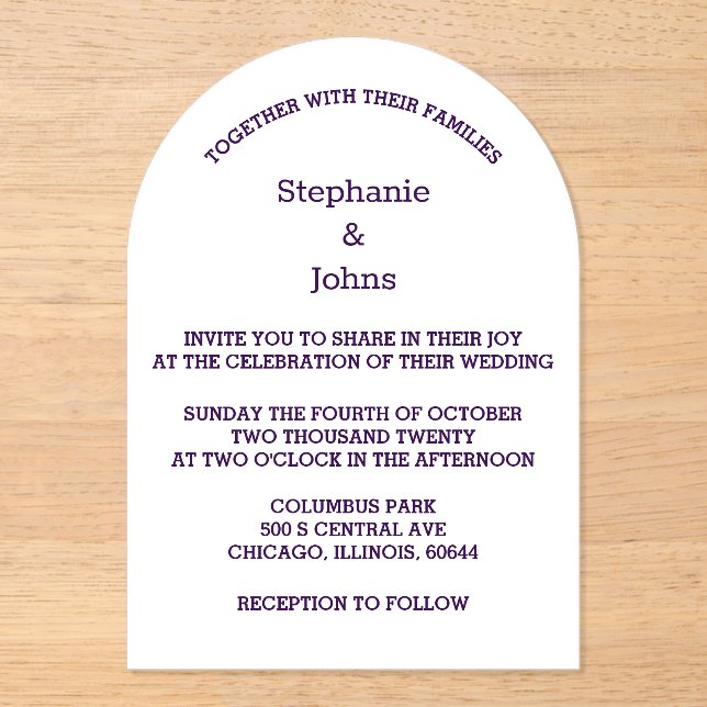 Purple White Elegant Script Modern Simple Wedding Acrylic Invitations (Front)