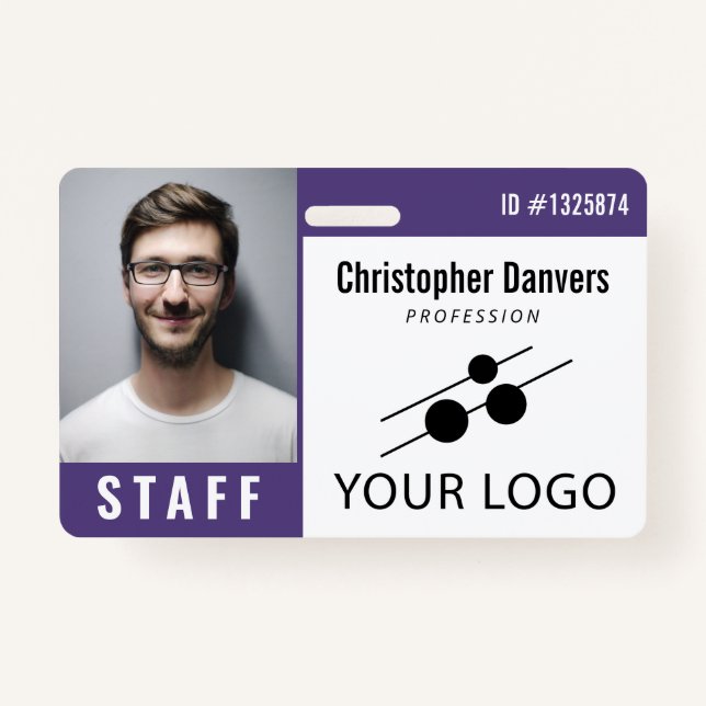 Purple White Employee ID Photo & Large Logo Badge (Front)