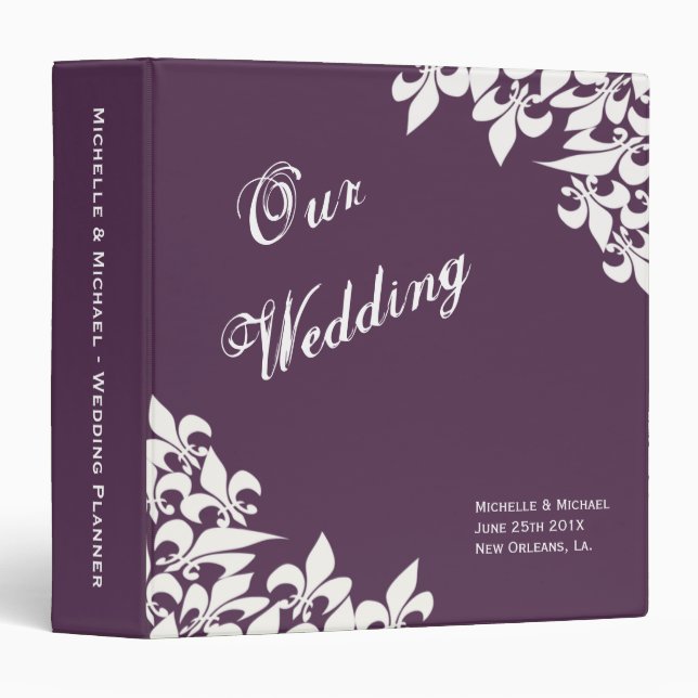 Purple White Fleur de Lis Pattern Wedding Planner Binder (Front/Spine)