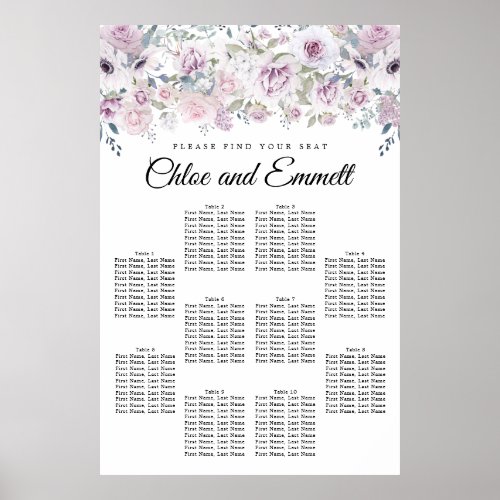 Purple White Floral 10_Table Wedding Seating Chart