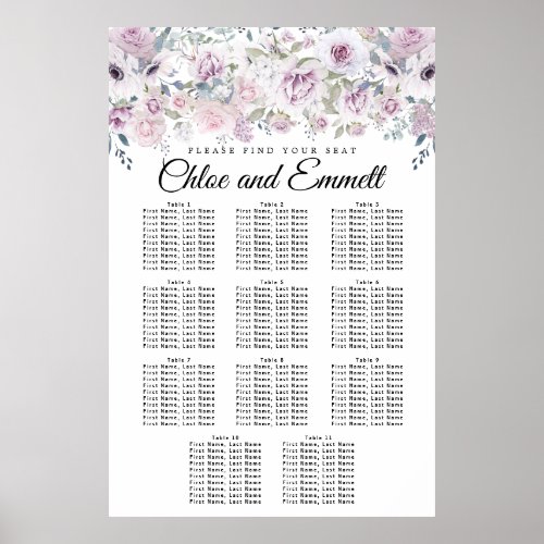 Purple White Floral 11_Table Wedding Seating Chart