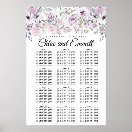 Purple White Floral 12_Table Wedding Seating Chart