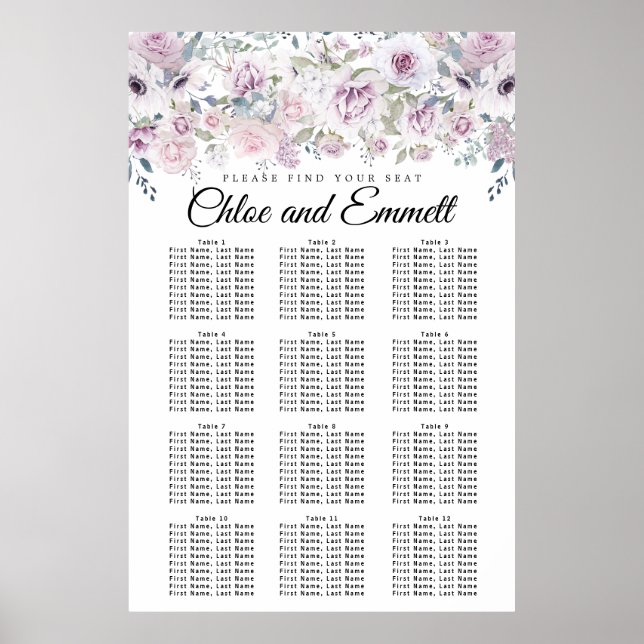 Purple White Floral 12-Table Wedding Seating Chart (Front)