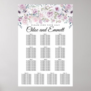 Purple White Floral 13-Table Wedding Seating Chart