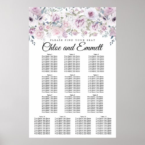 Purple White Floral 13_Table Wedding Seating Chart