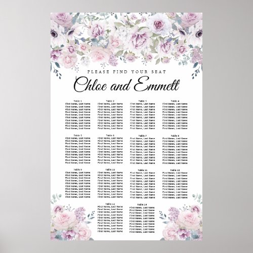 Purple White Floral 14_Table Wedding Seating Chart