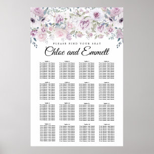 Purple White Floral 16-Table Wedding Seating Chart