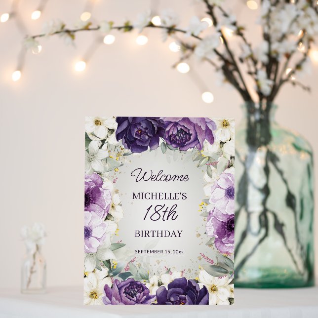 Purple White Floral 18th Birthday Welcome Foam Board (In Situ (Wedding))