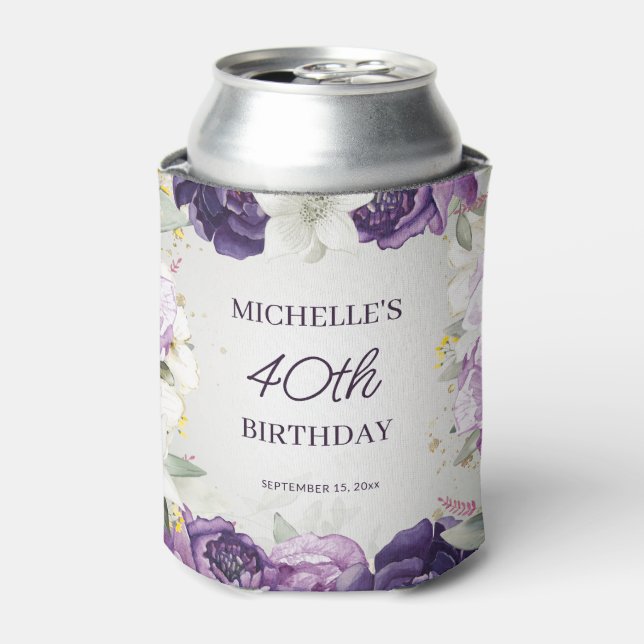 Purple White Floral 40th Birthday  Can Cooler (Can Front)