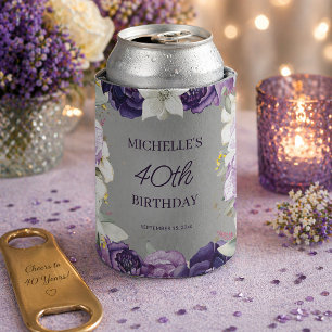 Purple White Floral 40th Birthday  Can Cooler