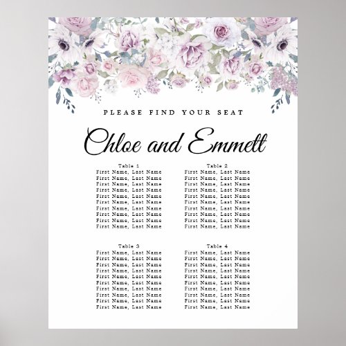 Purple White Floral 4_Table Seating Chart