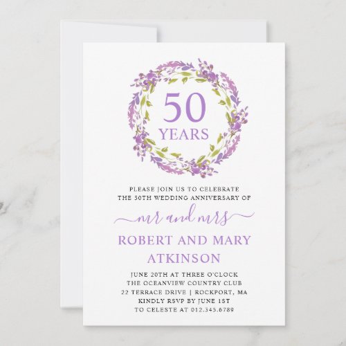 Purple White Floral 50th Wedding Anniversary Invit Invitation