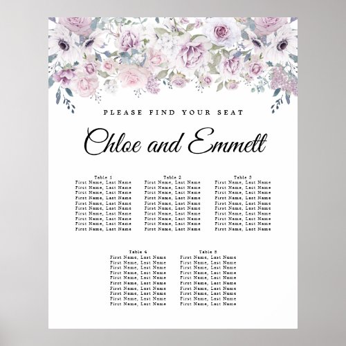 Purple White Floral 5_Table Seating Chart