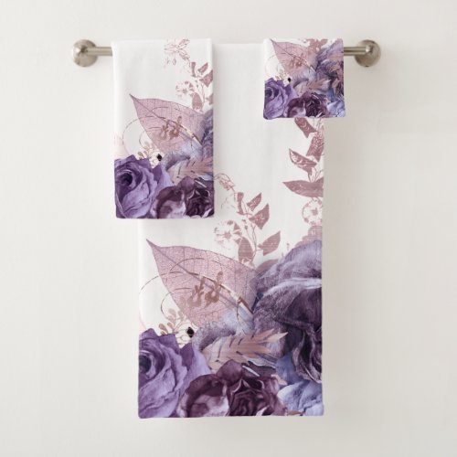 PURPLE WHITE FLORAL BOTANICAL BATHROOM TOWEL SET