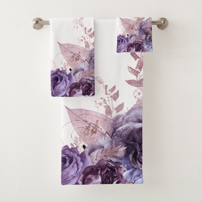PURPLE WHITE FLORAL BOTANICAL BATHROOM TOWEL SET (Insitu)