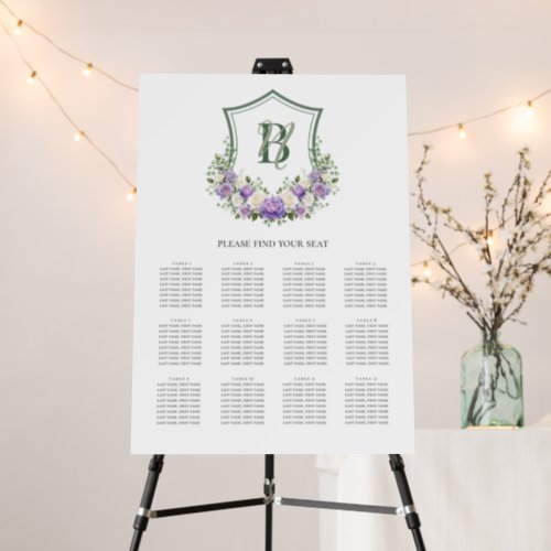 Purple White Floral Crest 12 Table Seating Chart Foam Board