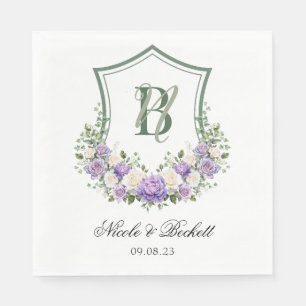 Purple White Floral Crest Wedding Napkins