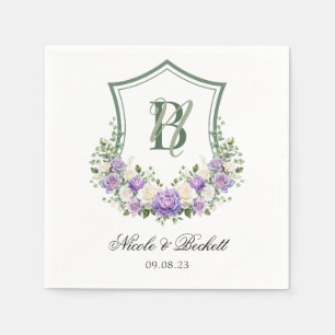 Purple White Floral Crest Wedding Napkins