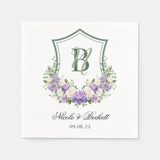 Purple White Floral Crest Wedding Napkins (Front)