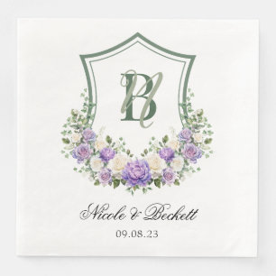 Purple White Floral Crest Wedding Paper Dinner Napkins