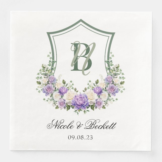 Purple White Floral Crest Wedding Paper Dinner Napkins (Front)