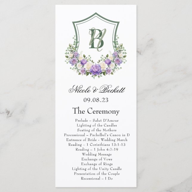 Purple White Floral Crest Wedding Program (Front)