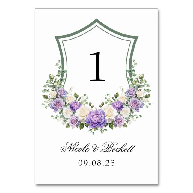 Purple White Floral Crest Wedding Table Number (Front)