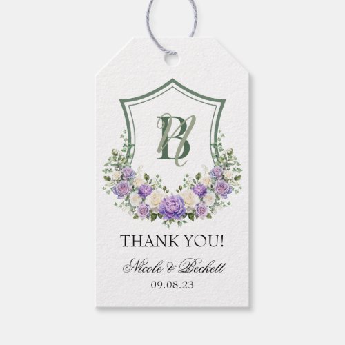 Purple White Floral Crest Wedding Thank You Gift Tags