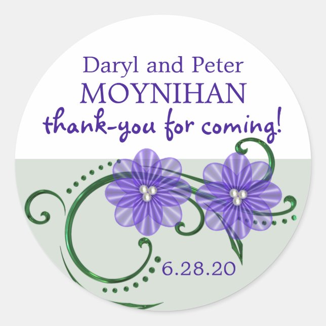 Purple & White Floral Custom Wedding Favor Labels (Front)