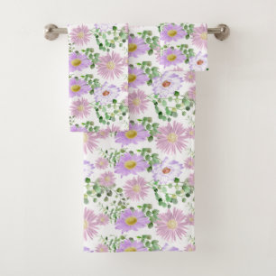 Purple White Floral Eucalyptus Greenery Elegant  Bath Towel Set