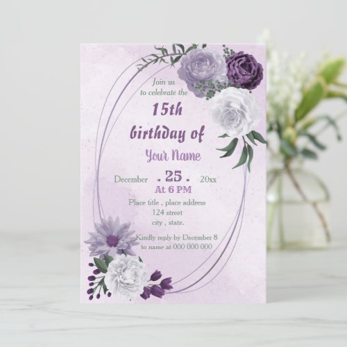 purple  white floral geometric birthday party invitation