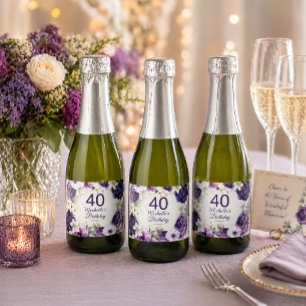 Purple White Floral Glitter 40th Birthday Name Sparkling Wine Label