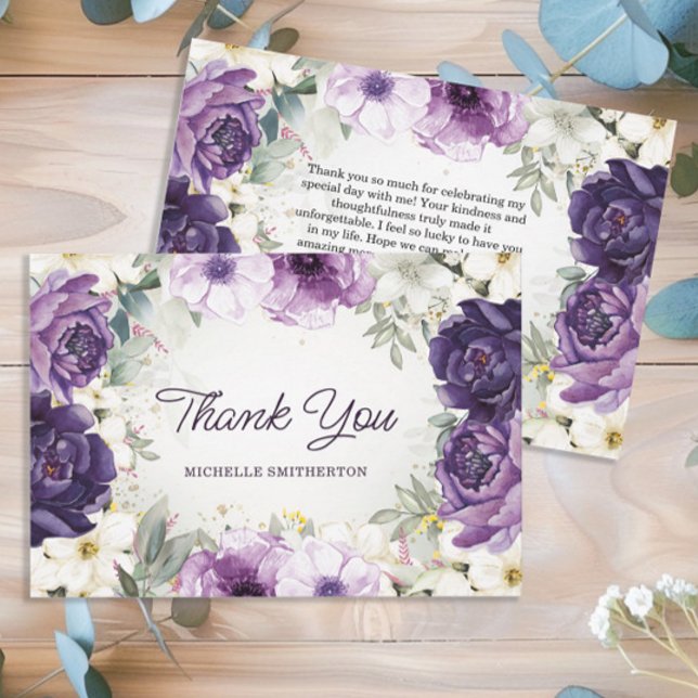 Purple White Floral Glitter Birthday Thank You (Purple floral birthday party "Thank you" card for women.)
